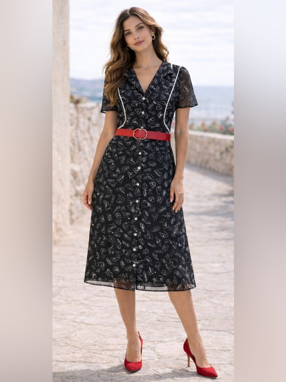 Componix Black Novelty ModCloth Style Print Shirt‎ Dress White Piping Button S - Picture 3 of 12
